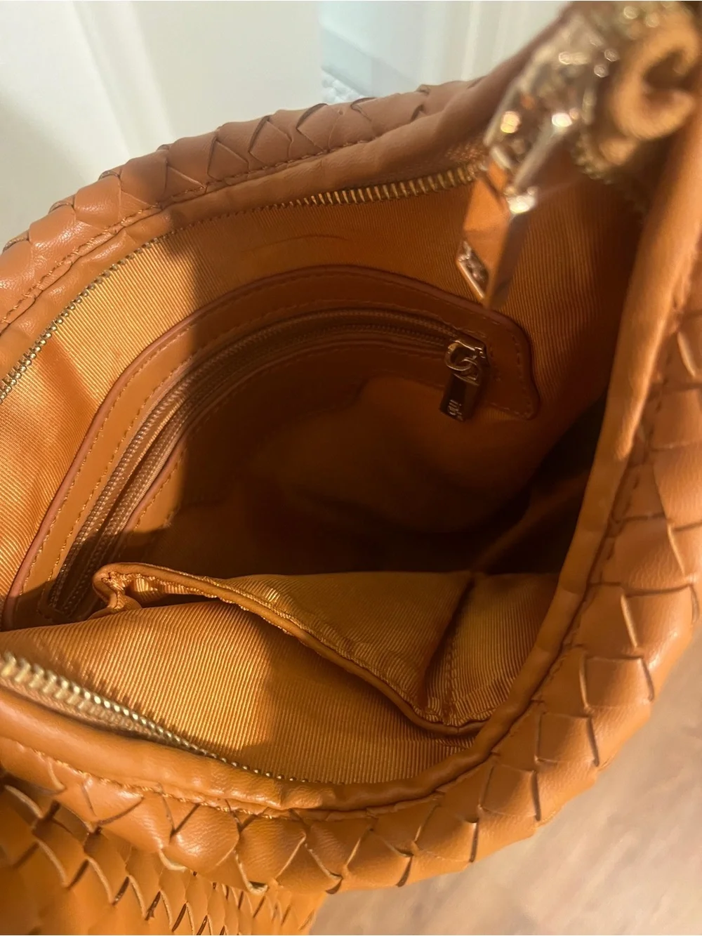 Woven Leather Hobo Bag in Cognac